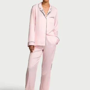 Victoria's Secret Signature Satin Long Pijama Set Bordado - Rosa - Talle S