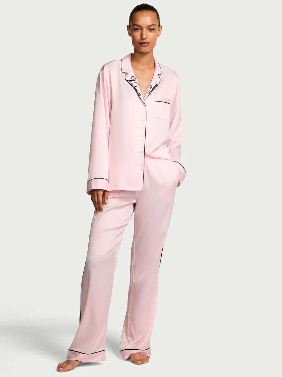 Victoria's Secret Signature Satin Long Pijama Set Bordado - Rosa - Talle S