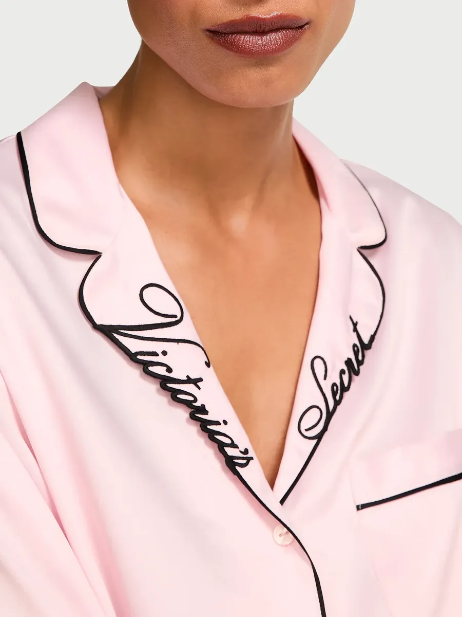Victoria's Secret Signature Satin Long Pijama Set Bordado - Rosa - Talle S - Image 5
