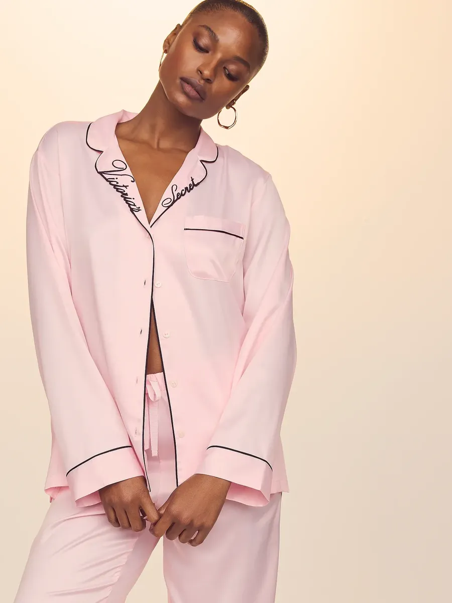 Victoria's Secret Signature Satin Long Pijama Set Bordado - Rosa - Talle S - Image 6