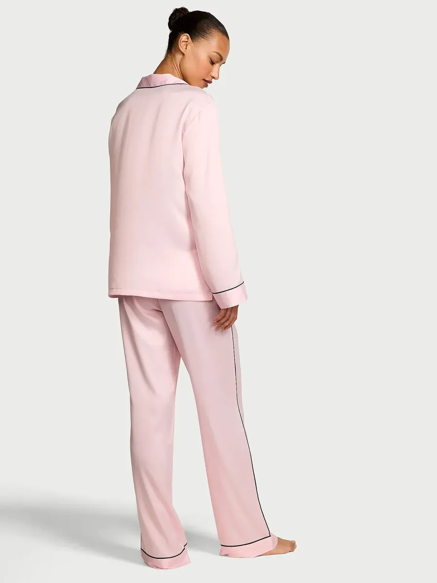 Victoria's Secret Signature Satin Long Pijama Set Bordado - Rosa - Talle S - Image 3