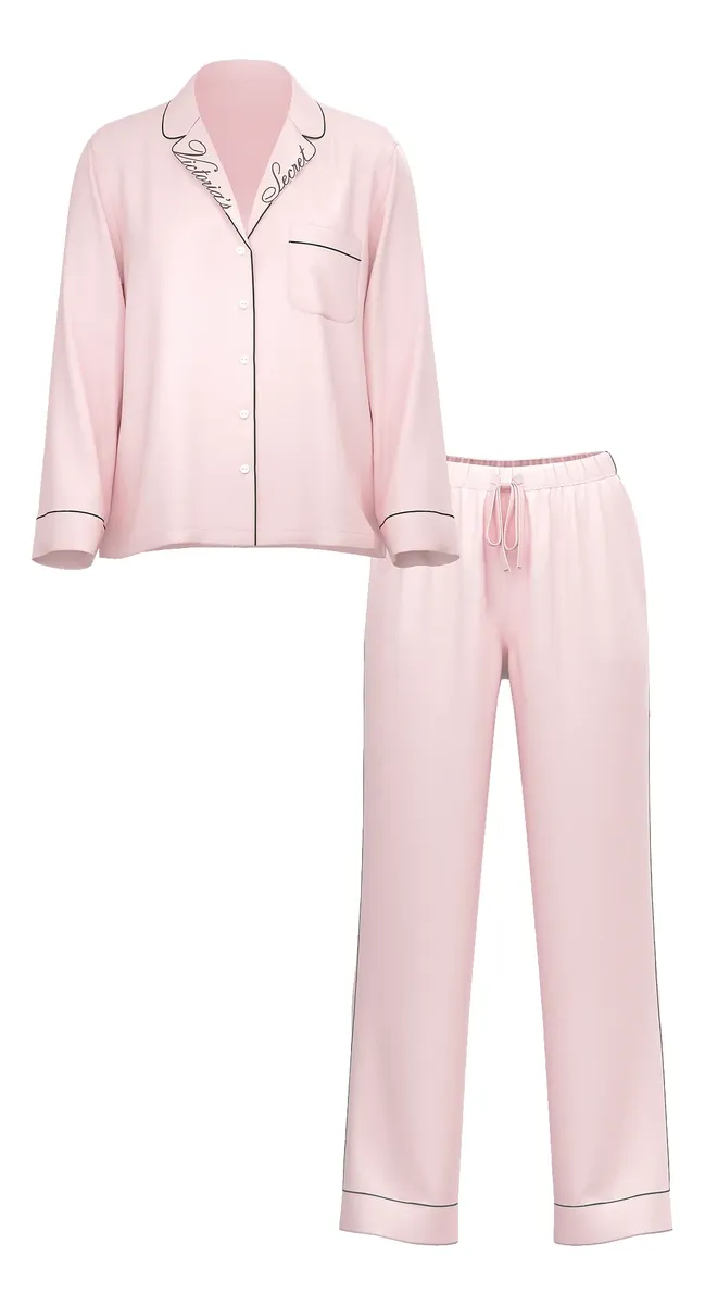 Victoria's Secret Signature Satin Long Pijama Set Bordado - Rosa - Talle S - Image 4